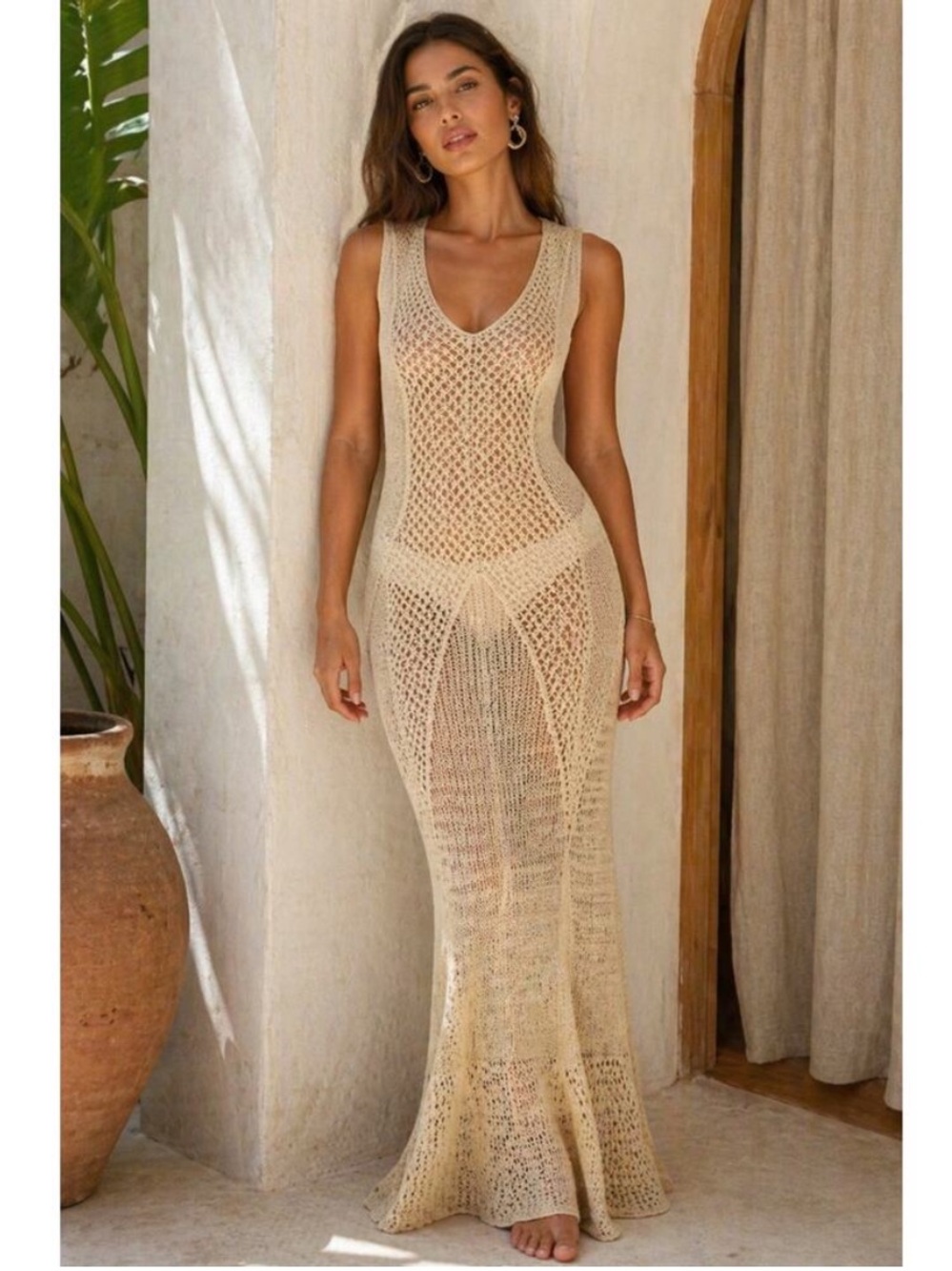 NWT Maeve by Anthropologie Crochet Neutral Knit Maxi Dress Beach Cover Up O/S